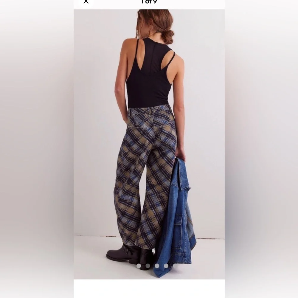 Free People Good Luck Printed Barrel Jeans We The Free Grunge Combo Blue 26S NWT - Picture 1 of 3